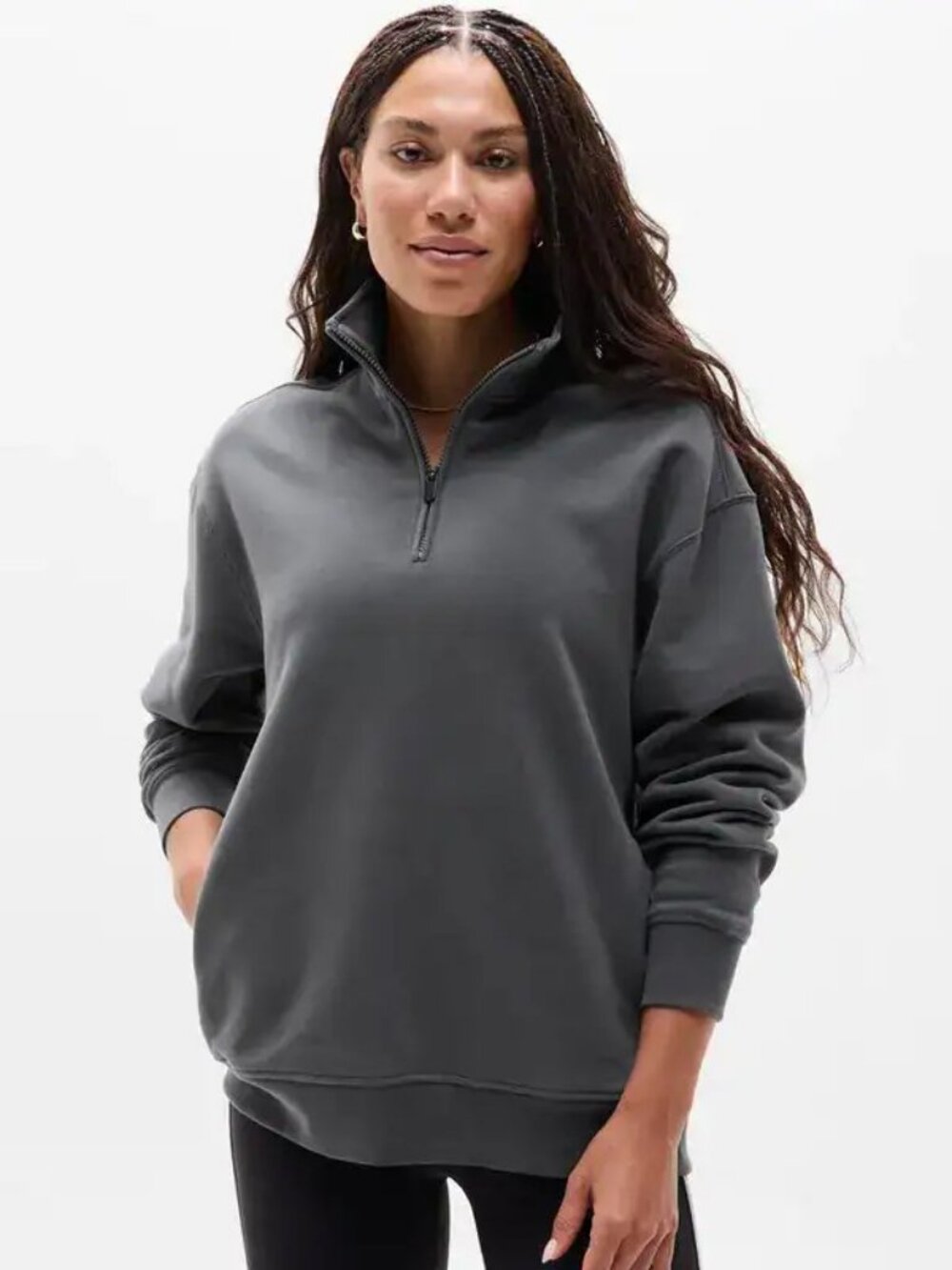 Athleta L Large Forever Fleece 1/4 Zip Sweatshirt Shadow Grey NWT! #891664
